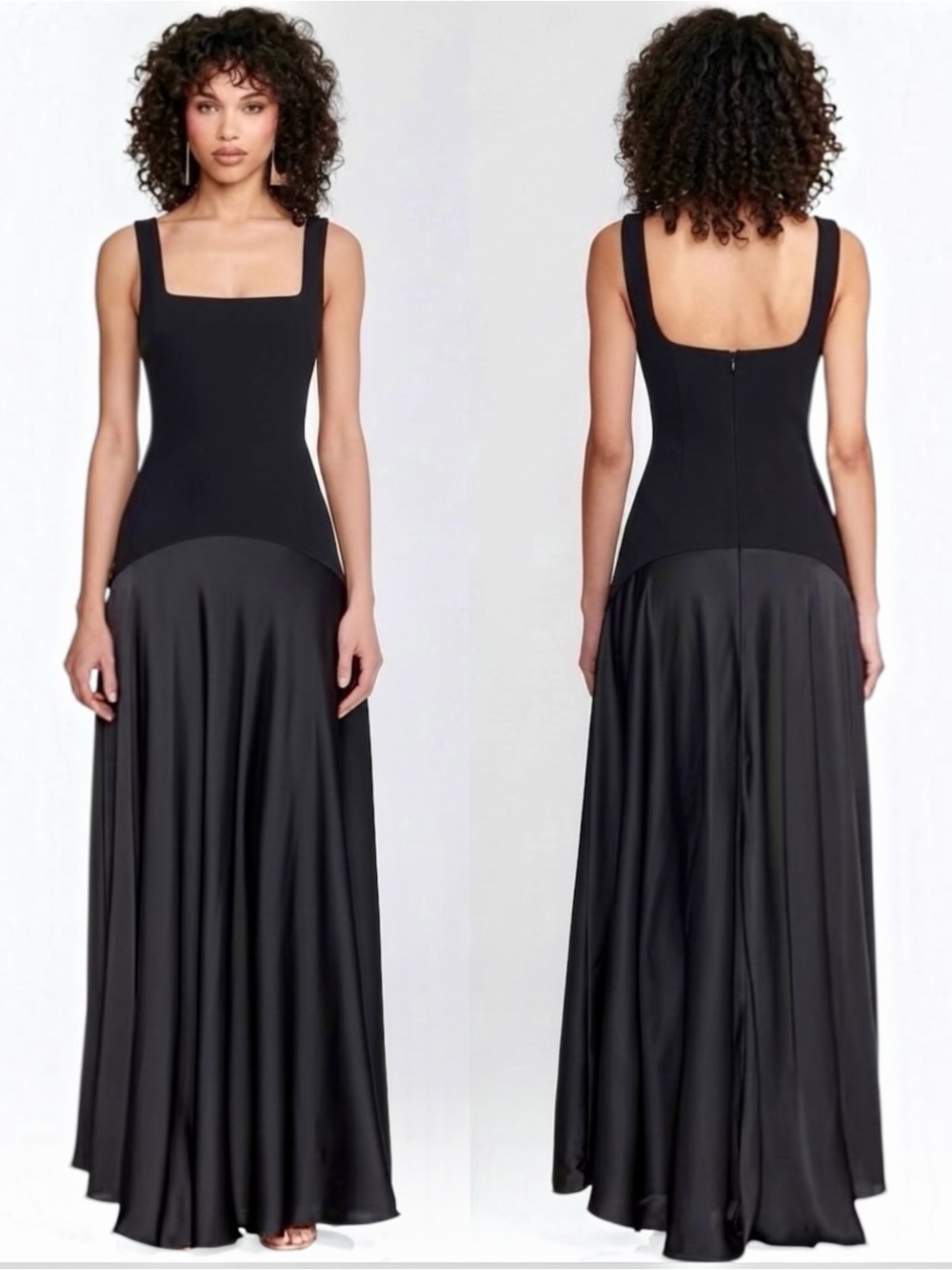 Betsy & Adam Women's Black Satin Mix Square Neck Sleeveless Maxi Evening Gown